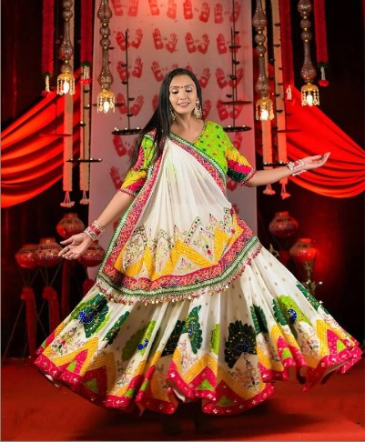 Multicolor Muslin Lehenga Choli with Mirror Work